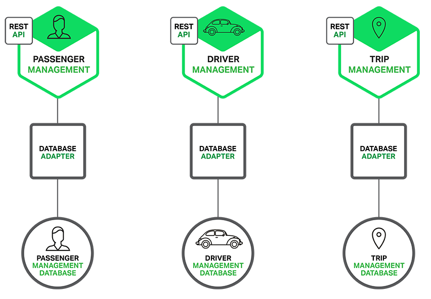 Database architecture in sample microservices application for ride service