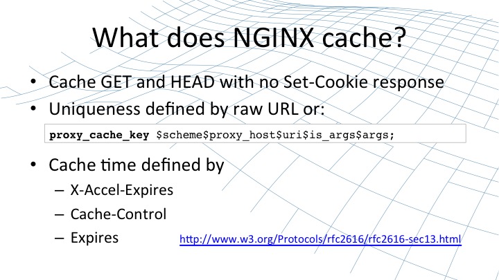 the basic NGINX behavior is to cache all GET and HEAD requests [webinar by Owen Garrett of NGINX]