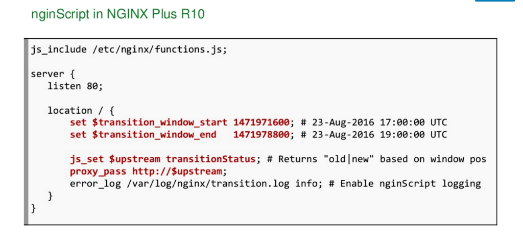 Slide shows configuration directives for the NGINX JavaScript mdoule, including js_set [NGINX Plus R10 webinar]