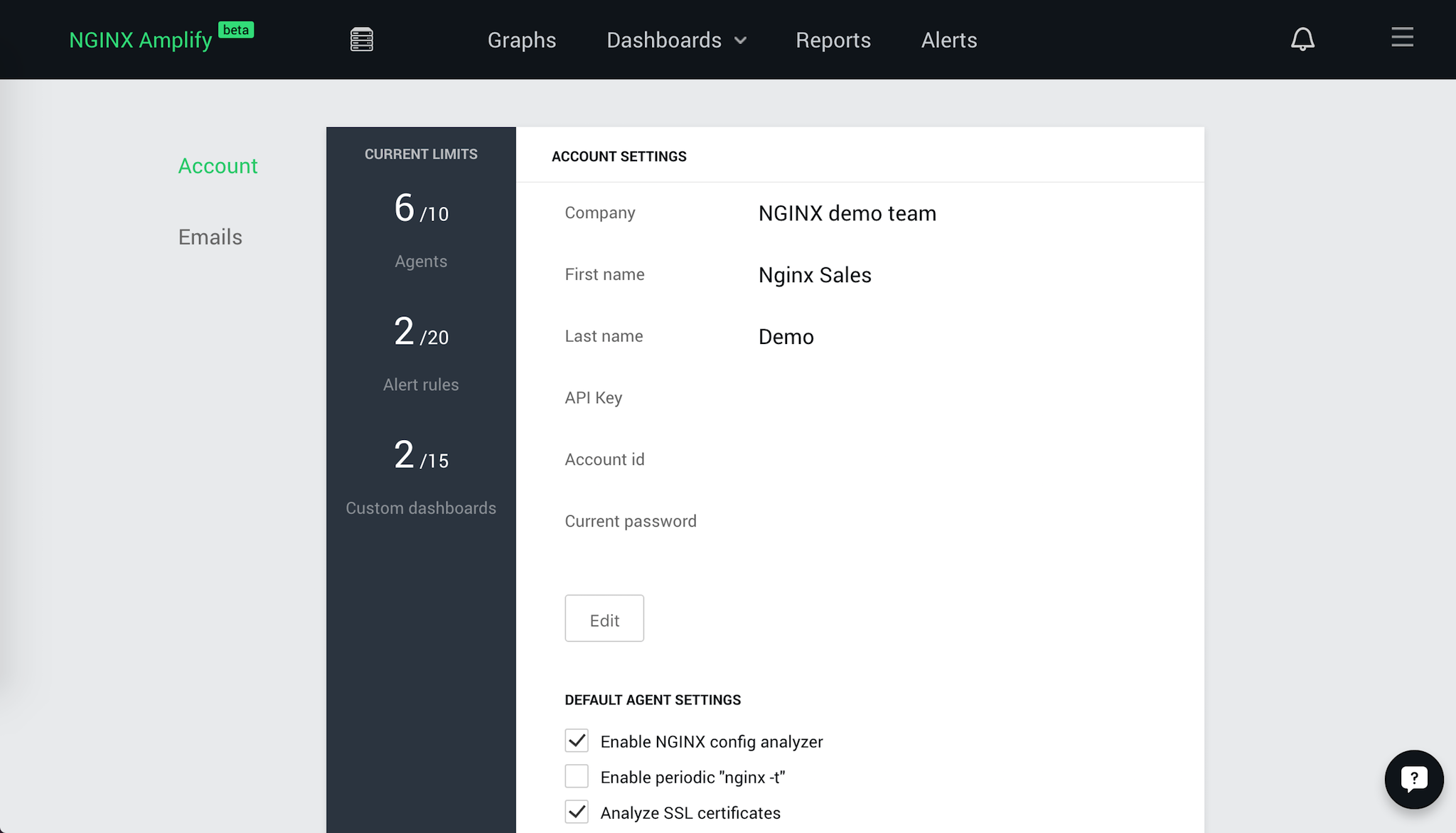 The 'Account Settings' panel controls which types of NGINX configuration analysis are included in NGINX Amplify reporting