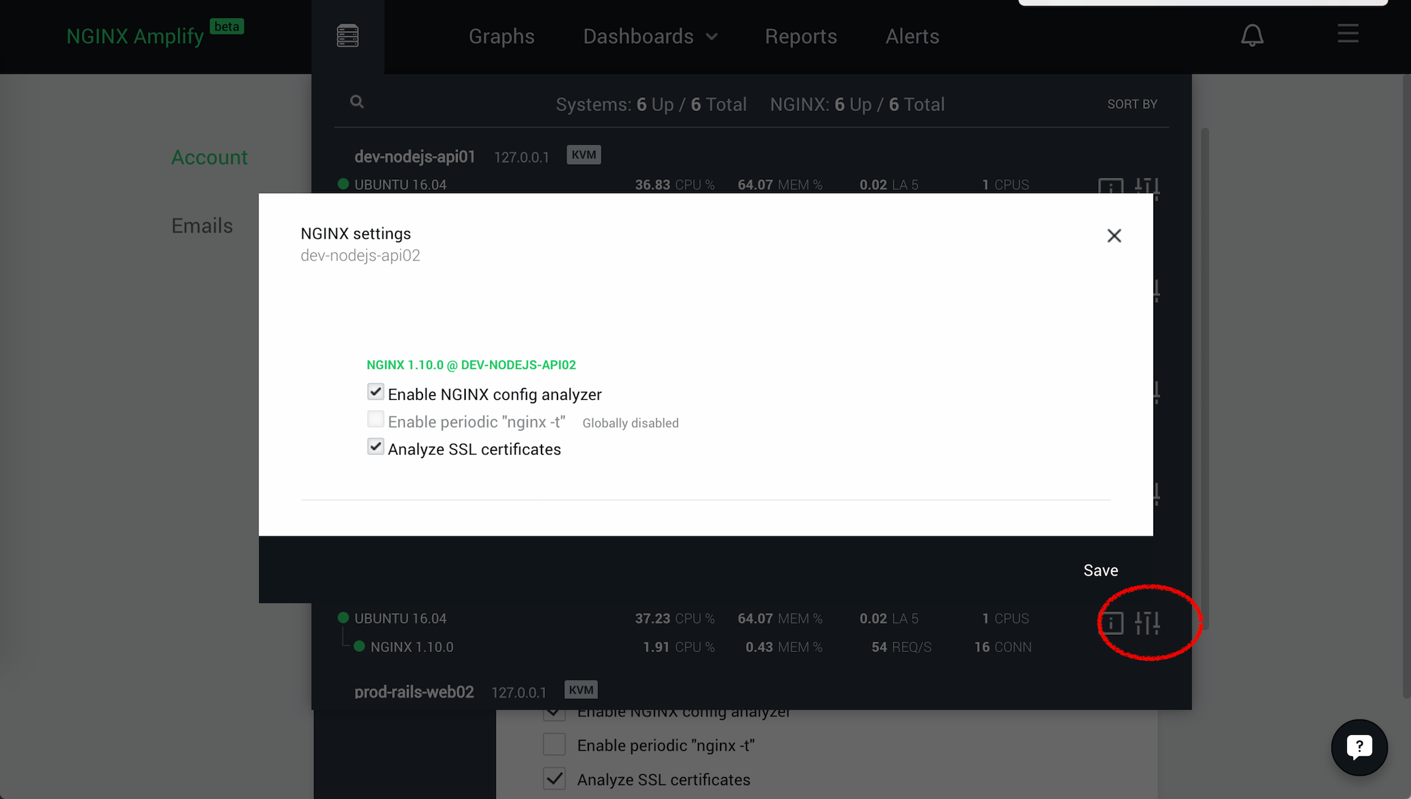 The 'NGINX settings' panel for an individual system controls which types of NGINX configuration analysis are included in NGINX Amplify reporting