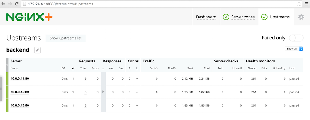 After you use OpenStack Heat to deploy NGINX Plus as the load balancer in your OpenStack cloud computing infrastructure, NGINX Plus instances appear on the live activity monitoring dashboard