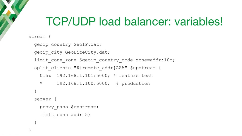 NGINX configuration code for using the variables generated by Stream GeoIP module with the NGINX TCP load balancer